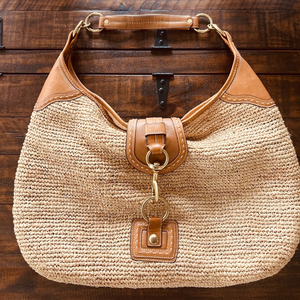 COACH Woven Straw Hobo Bag with Tan Leather Trim